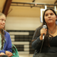 Greta Thunberg, 16, sits next to Tokata Iron Eyes, 16, during the panel Sunday at the Pine Ridge Reservation in South Dakota.